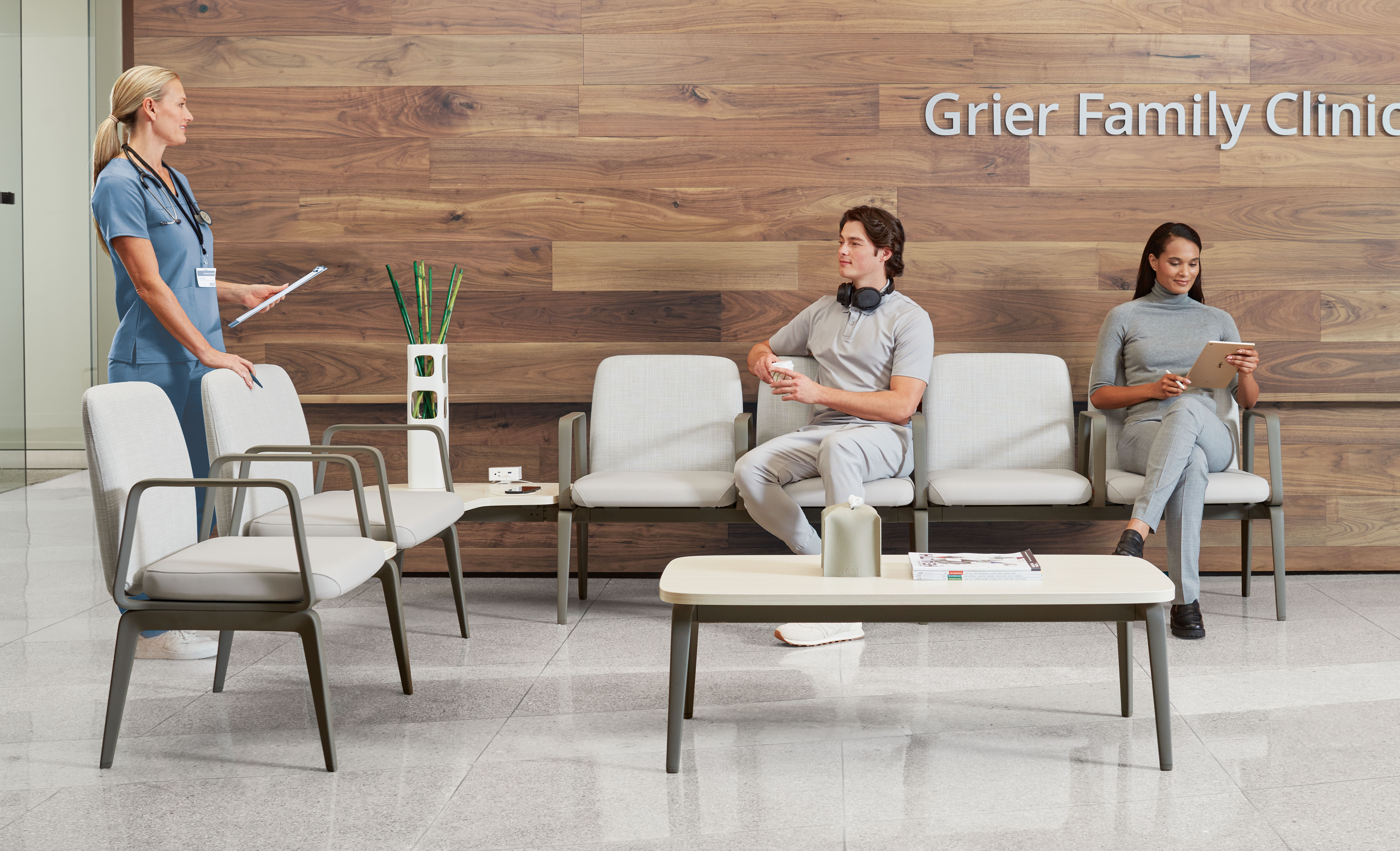 Contemporary healthcare waiting area with comfortable modular seating